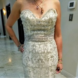 fully beaded silver form fitted silk wedding dress. Altered. Cut-off bottom part